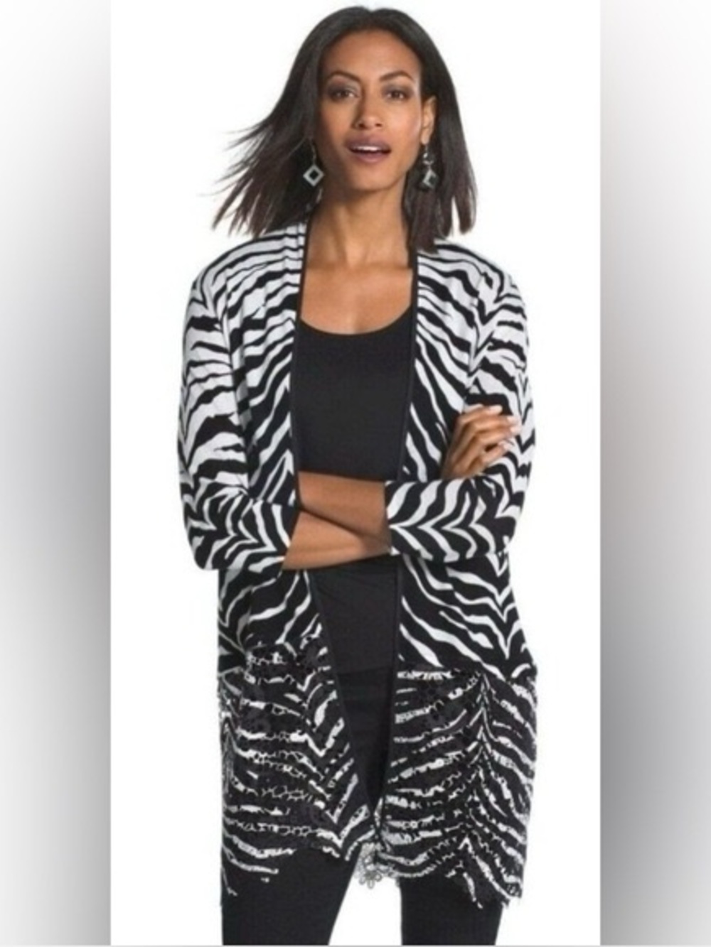 Chico's Black White Zebra-Print Open Front Louisa Cardigan Kimono Lace Medium 1